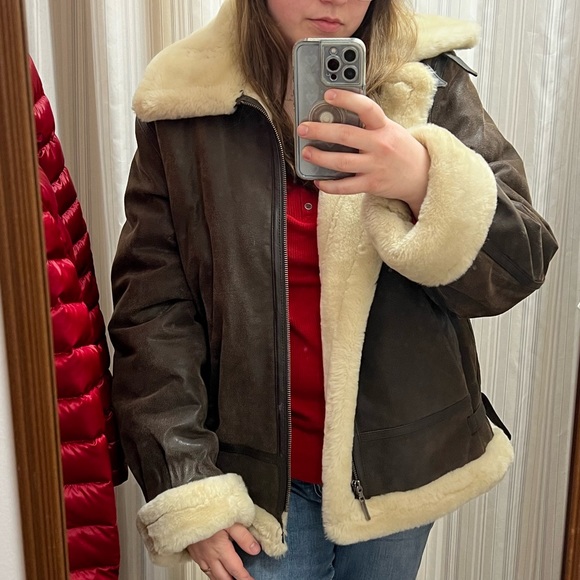 Vintage St. John's Bay Brown Leather Aviator Pilot Jacket with Sherpa Trim Smal - Picture 11 of 13